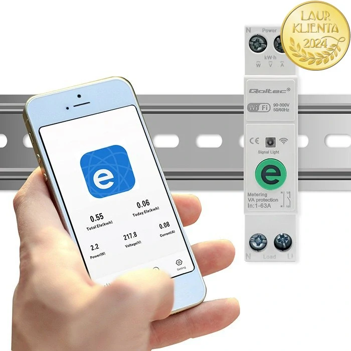 Qoltec 50991 Relé Qoltec 63A na DIN lištu s elektroměrem | eWeLink od Sonoffa | Wi-Fi | LED dioda