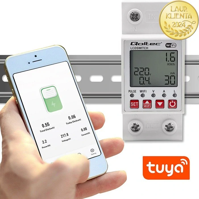 *Qoltec 50990 Relé Qoltec 63A na DIN lištu s elektroměrem | Časovač | Tuya  | Wi-Fi | LED