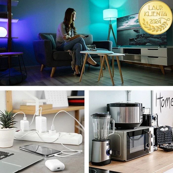 *Qoltec 52547 Napájecí kostka 6v1 | 3× AC zásuvky + 2× USB + 1× USB-C PD 20W | Bílá | Kabel 2m