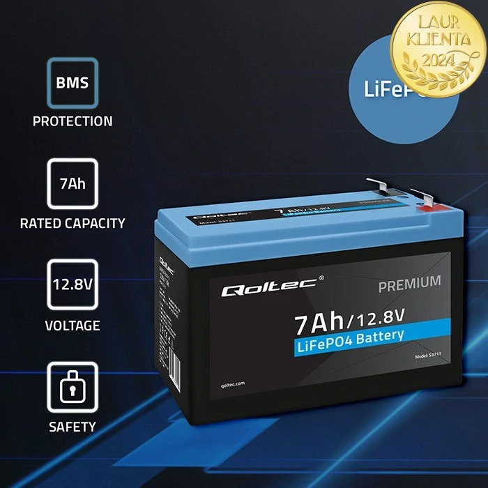 *Qoltec 53711 Baterie LiFePO4 lithiová železná fosfátová baterie | 12,8V | 7Ah | 89,6 Wh | BMS