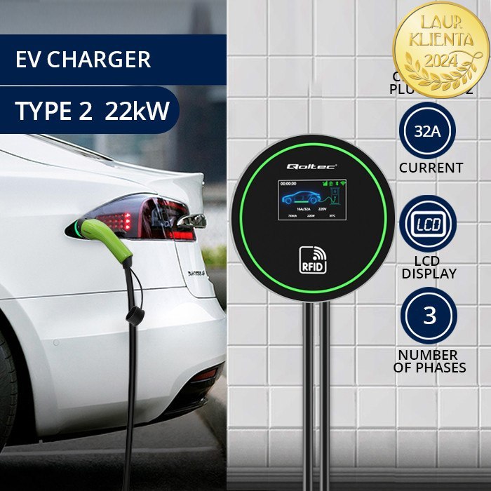 WallBox Nabíjecí stanice pro elektromobily Qoltec 2 v 1 Typ 2 | 22 kW | Wi-Fi | | LCD | 3 fáze | Wallbox | Aplikace Smart Life | RFID | 5 m