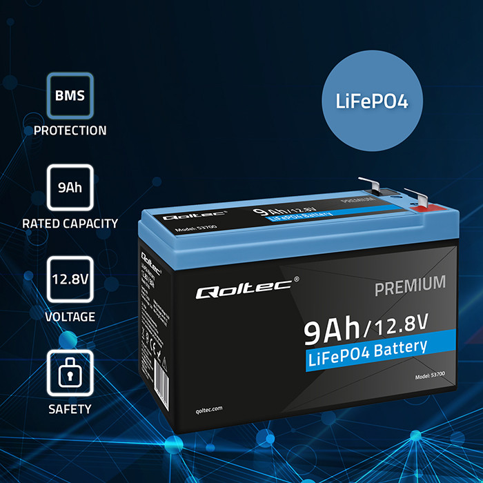 *Qoltec 53700 LiFePO4 lithiová železná fosfátová baterie | 12,8 V | 9 Ah | 115,2 Wh | BMS