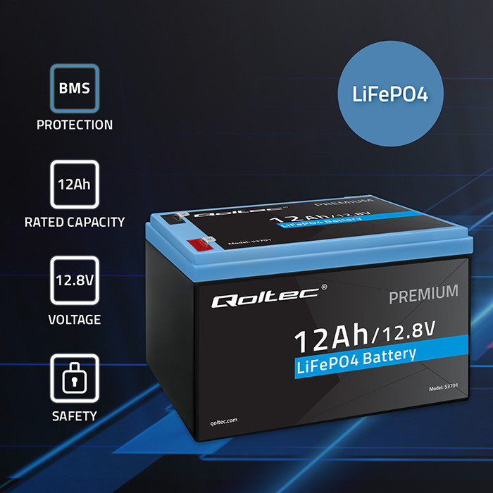 *Qoltec 53701 LiFePO4 lithiová železná fosfátová baterie | 12,8 V | 12 Ah | 153,6 Wh | BMS
