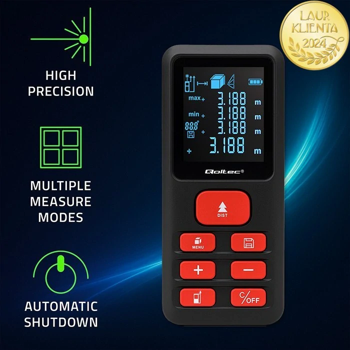 *Qoltec 50688 Precise digitální laserový dálkoměr s elektronickou nivelací | podsvícený LCD | 120 m