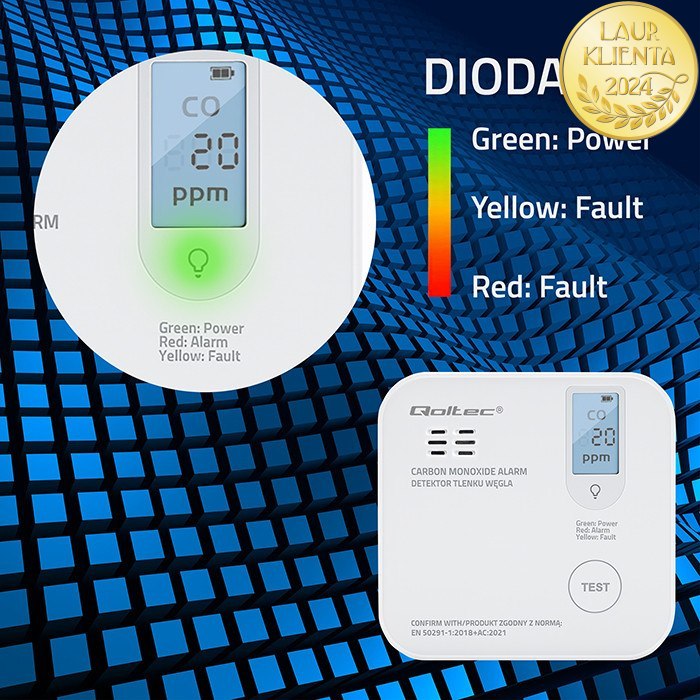 Qoltec 52577 Bezdrátový detektor oxidu uhelnatého (CO) s certifikací – bateriový, alarm 85 dB, životnost senzoru 10 let