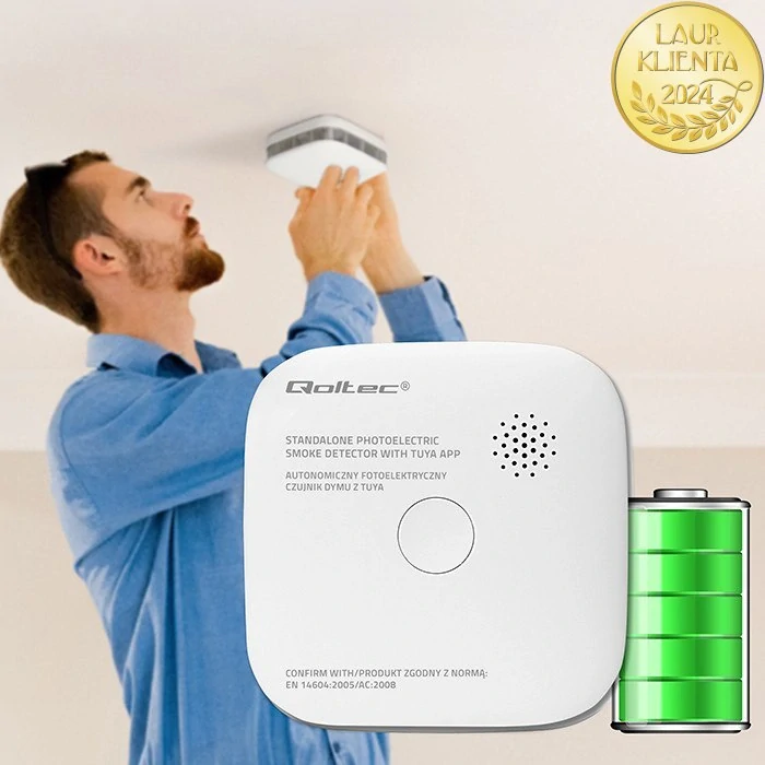 *Qoltec 52579 Bezdrátový detektor kouře Wi-Fi Tuya s LED indikací | Certifikovaný alarm 85 dB | Životnost senzoru 10 let | Baterie součástí