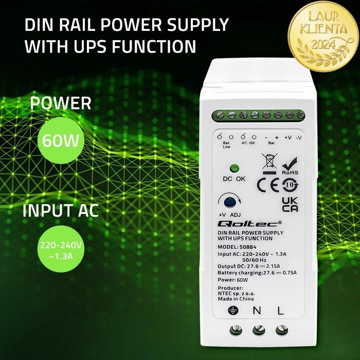 Qoltec 50884 | DIN napájecí zdroj s funkcí UPS 27,6 V DC / 60 W