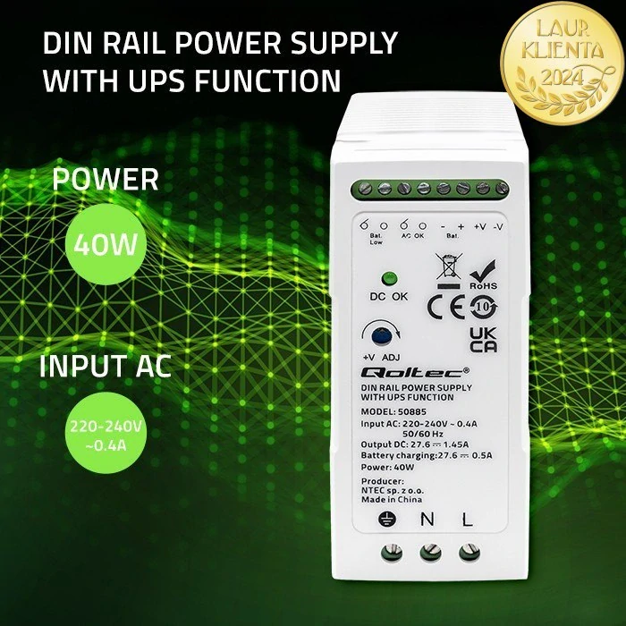 Qoltec 50885 | DIN napájecí zdroj s funkcí UPS 27,6 V DC / 60 W