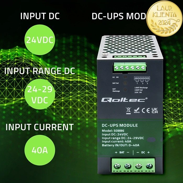 Qoltec 50886 | DC-UPS modul na DIN lištu 24 V / 40 A – automatické zálohování z baterie