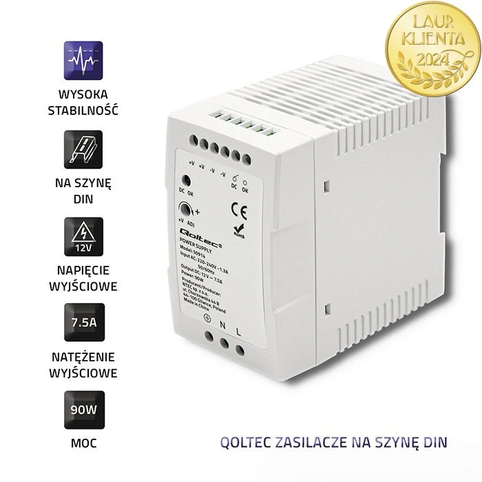 Qoltec 50914 – napájecí zdroj na DIN lištu 90 W / 12 V / 7,5 A / Bílý