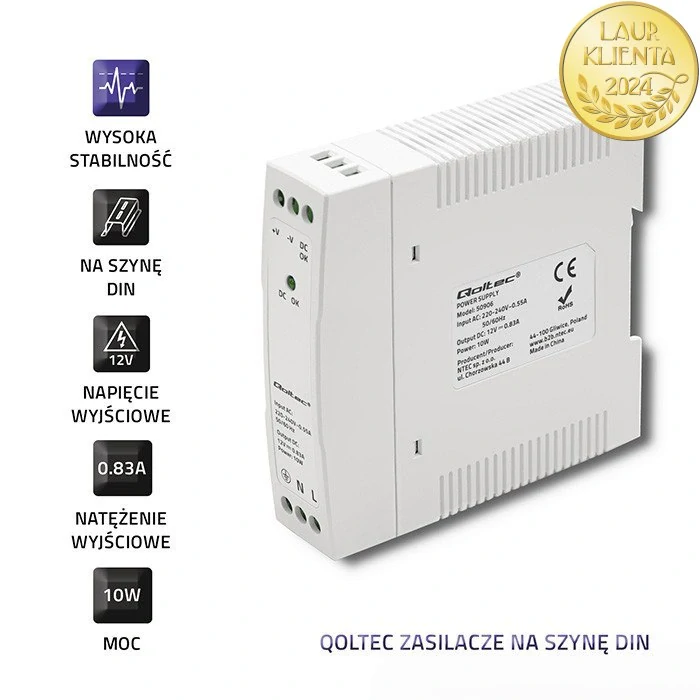 Qoltec 50906 – napájecí zdroj na DIN lištu 10 W / 12 V / 0,83 A / Bílý