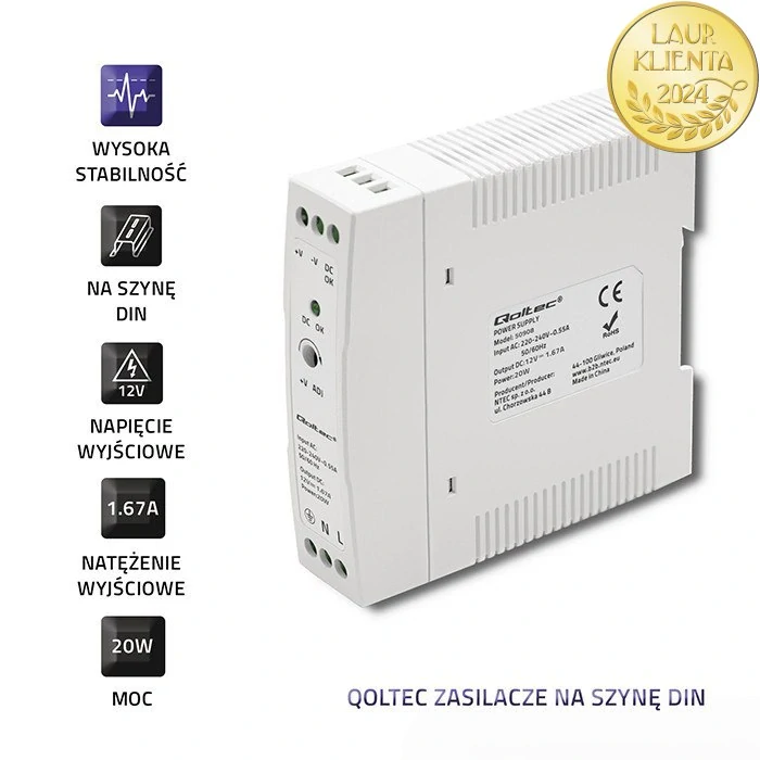 Qoltec 50908 – napájecí zdroj na DIN lištu 20 W / 12 V / 1,67 A / Bílý