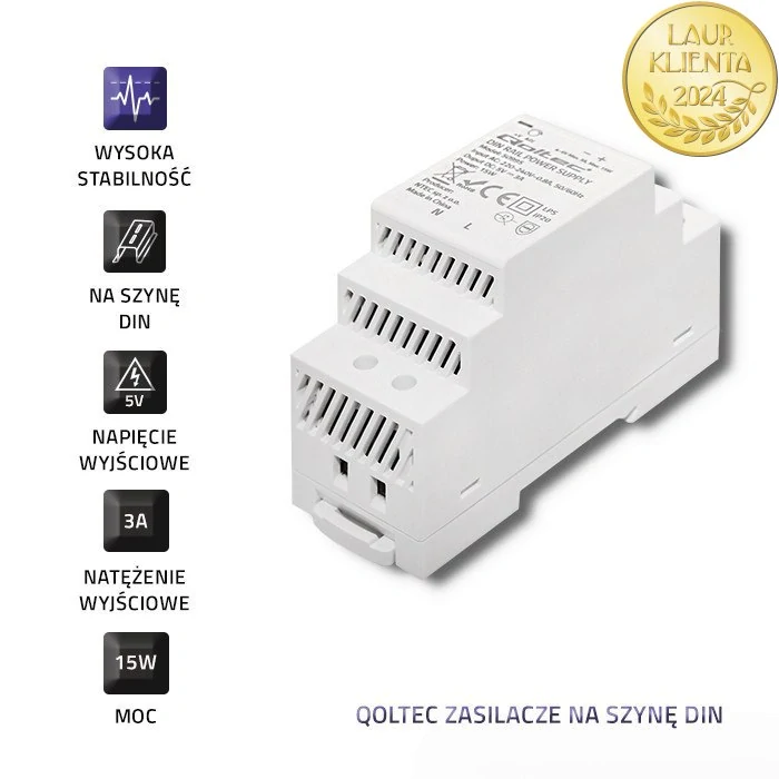 Qoltec 50995 – Průmyslový napájecí zdroj na DIN lištu 15 W / 5 V / 3 A / Bílý