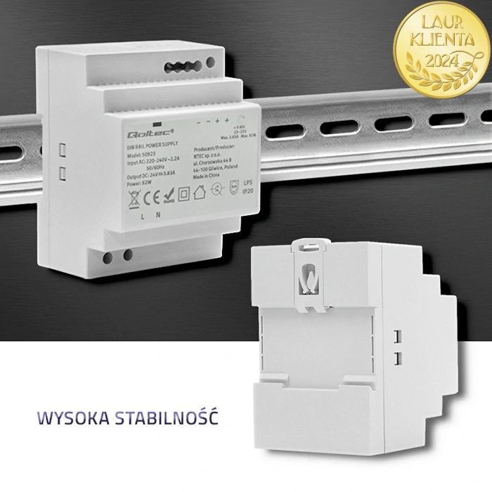 Qoltec 50923 – Průmyslový napájecí zdroj na DIN lištu 92 W / 24 V / 3,83 A / Šedý