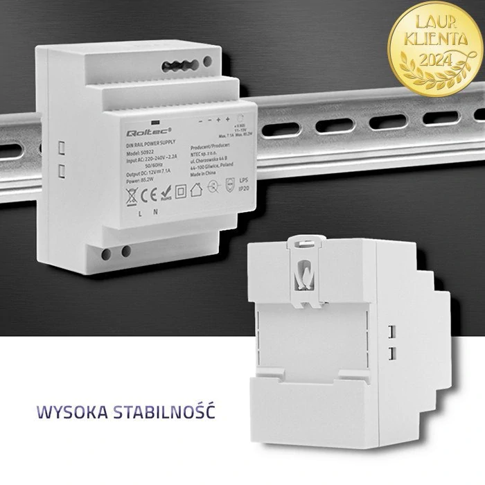 Qoltec 50922 – Průmyslový napájecí zdroj na DIN lištu 85,2 W / 12 V / 7,1 A / Šedý