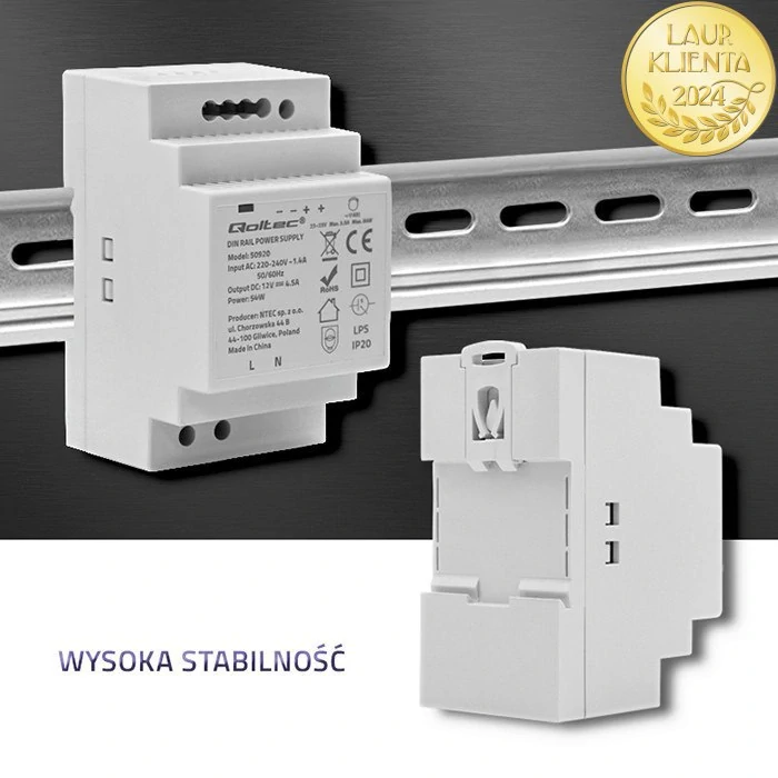 Qoltec 50920 – Průmyslový napájecí zdroj na DIN lištu 54 W / 12 V / 4,5 A / Šedý