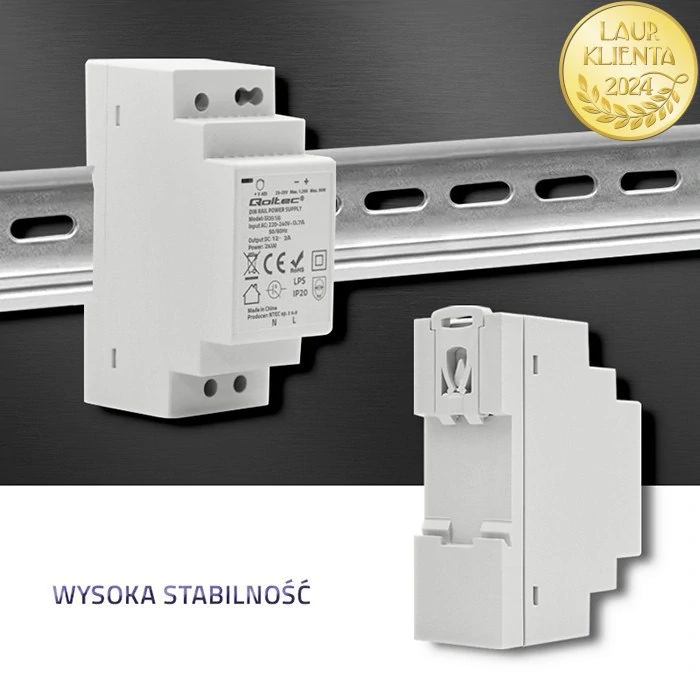 Qoltec 50918 – Průmyslový napájecí zdroj na DIN lištu 24 W / 12 V / 2 A / Šedý