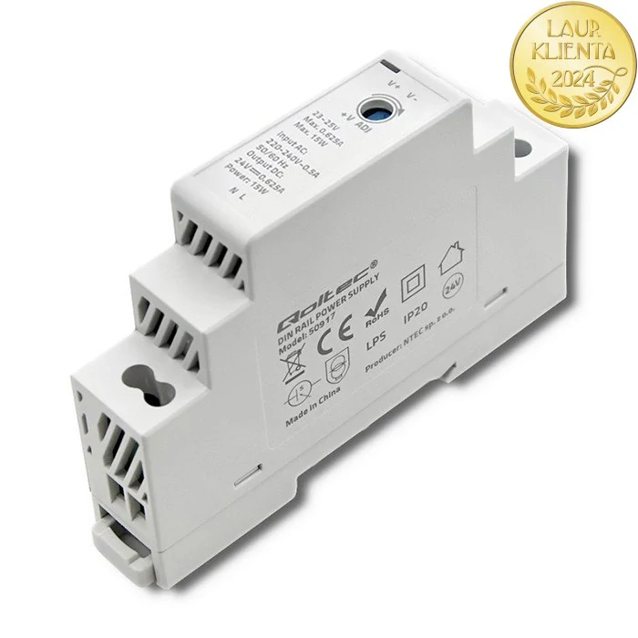 Qoltec 50917 – Průmyslový napájecí zdroj na DIN lištu 15 W / 24 V / 0,625 A / Šedý