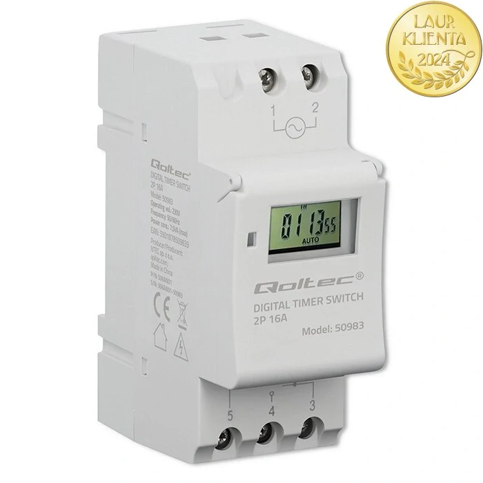 Qoltec 50983 Elektronický časovač na DIN lištu TS35 | 7denní | 16 programů | vestavěná baterie | LCD displej
