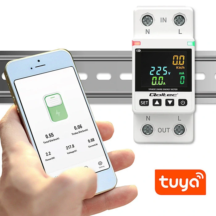*Qoltec 50981 Jednofázový Wi-Fi wattmetr na DIN lištu TH35 | Tuya/Smart Life | 63 A | LCD | Měření napětí/proudu/výkonu/spotřeby | Historie a dálkové ovládání