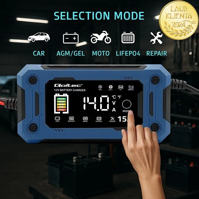 *Qoltec 52496 Intelligent Charger 12 V 15 A | Mikroprocesorová nabíječka LiFePO₄ / AGM / GEL s LCD displejem a režimem 14 V pro údržbu napětí