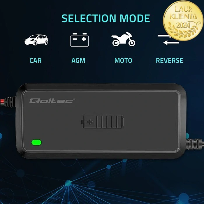 *Qoltec 52495 Inteligentní nabíječka 12 V 5 A | Automatická mikroprocesorová nabíječka AGM / GEL / SLA baterií | 6-krokové nabíjení | Ochrana proti přebití a přepólování