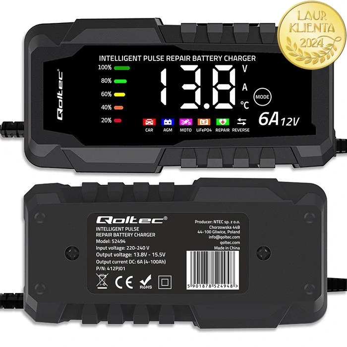 *Qoltec 52494 Intelligent Charger 12 V 6 A | Mikroprocesorová nabíječka LiFePO₄ / AGM / GEL s LCD displejem a režimem opravy pro AGM GEL LiFePO4 baterie