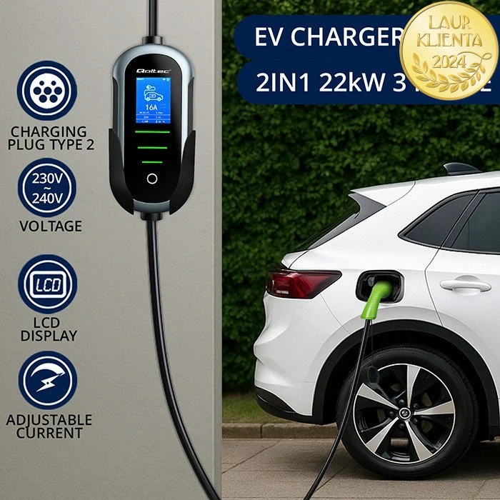 *Qoltec 52437 Mobilní nabíječka Qoltec 2 v 1 Typ 2 – 22kW | 400 V | CEE 32A | Wi-Fi | TUYA | SMART LIFE | Nastavitelný proud | 7 m kabel