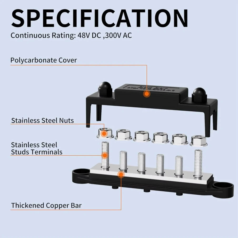 *Rozvodná svorkovnice Busbar DaierTek 6x M8 12V – 6 vývodů + ochranný kryt Max 300V AC, 48V DC,275A (DC) kladný a záporný rozvodný blok