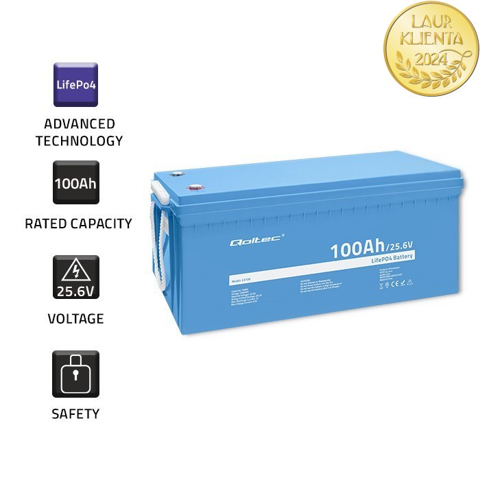 Qoltec 53708 Baterie 24V LiFePO4 lithiová železná fosfátová baterie | 25,6 V | 100 Ah | 2560 Wh | BMS