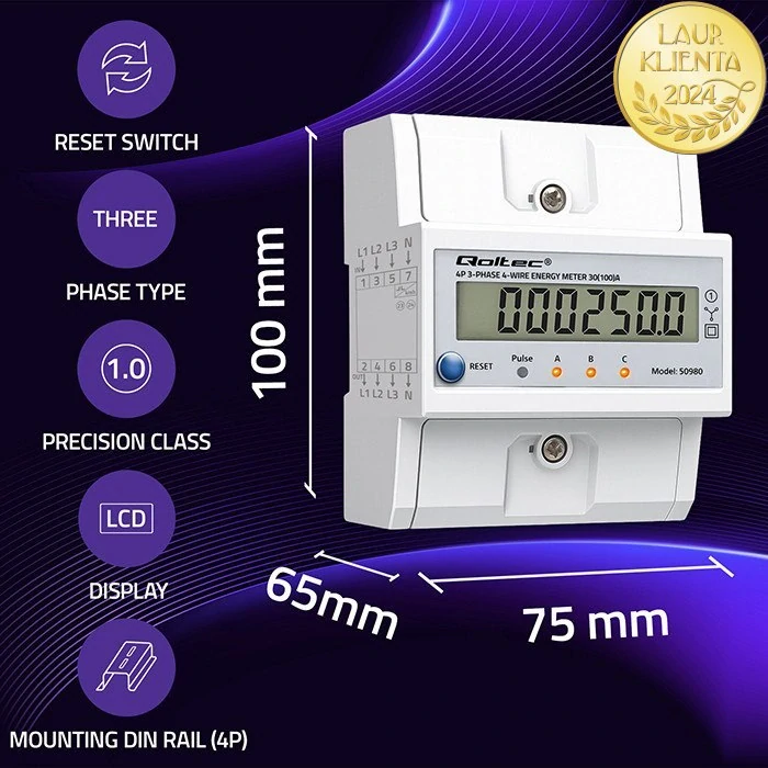 *Qoltec 50980 Qoltec Třífázový elektronický elektroměr s resetem | Elektroměr na DIN lištu | 400V | 100A | LCD | LED | 4P