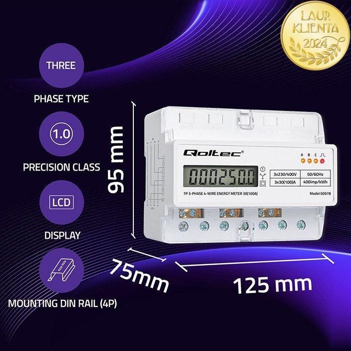 *Qoltec 50978 QOLTEC Třífázový elektronický elektroměr | Elektroměr na DIN lištu | 400V | 100A | LCD | LED | 7P