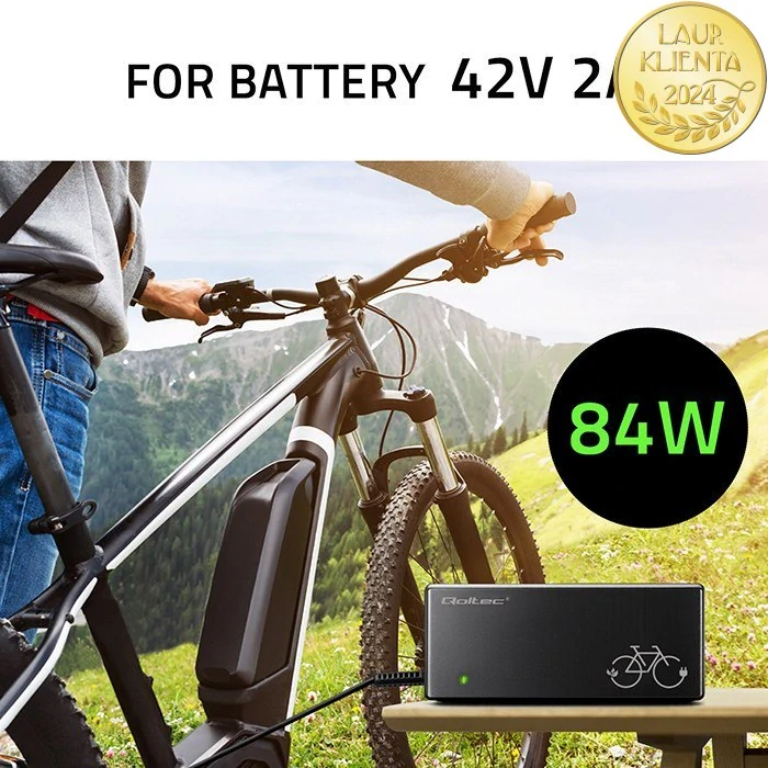 *Qoltec 52618 Nabíječka pro elektrokola Qoltec 42V 2A | 36V e-bike baterie | konektor 3-pin GX16 + napájecí kabel