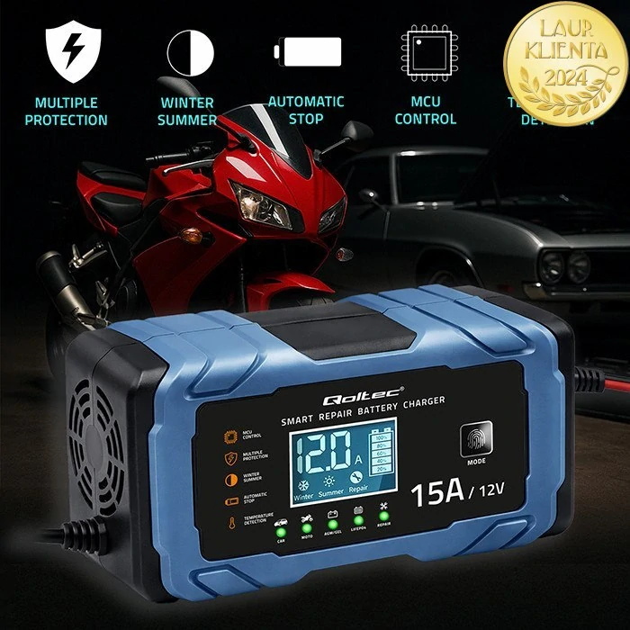 *Qoltec 52666 Qoltec Inteligentní nabíječka baterií 12V 15A | AGM, GEL, LiFePO4 | 9-krokové nabíjení