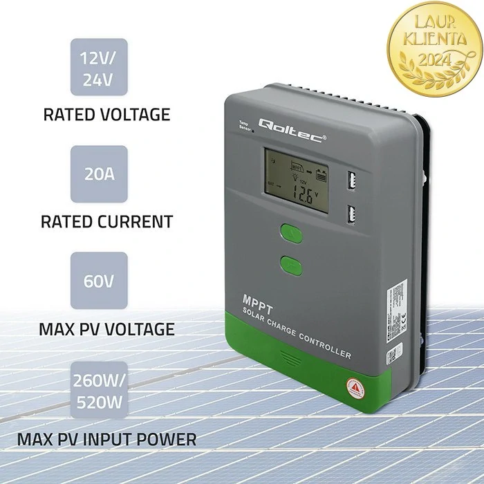*Qoltec 53667 MPPT solární regulátor 20A | Ovládání přes Bluetooth aplikaci v mobilu | 12V / 24V | LCD | 2 x USB | Bluetooth | AGM / GEL / LiFePO₄