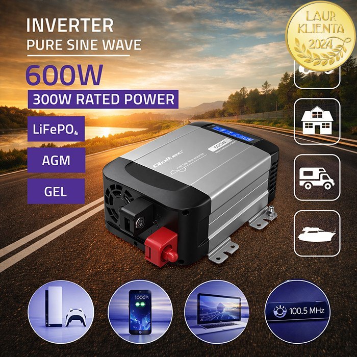 Qoltec 52687 Měnič napětí Qoltec 12V → 230V 300W/600W čistá sinusovka | LCD | USB | USB-C | pro LiFePO4 a AGM baterie