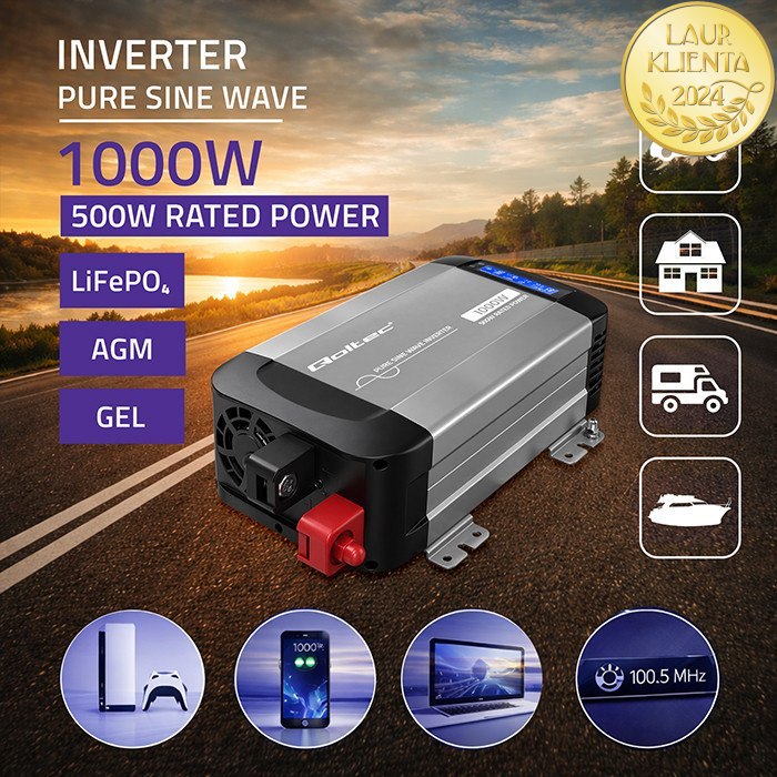 Qoltec 52688 Měnič napětí Qoltec 12V → 230V 500W/1000W čistá sinusovka | LCD | USB | USB-C | pro LiFePO4 a AGM baterie