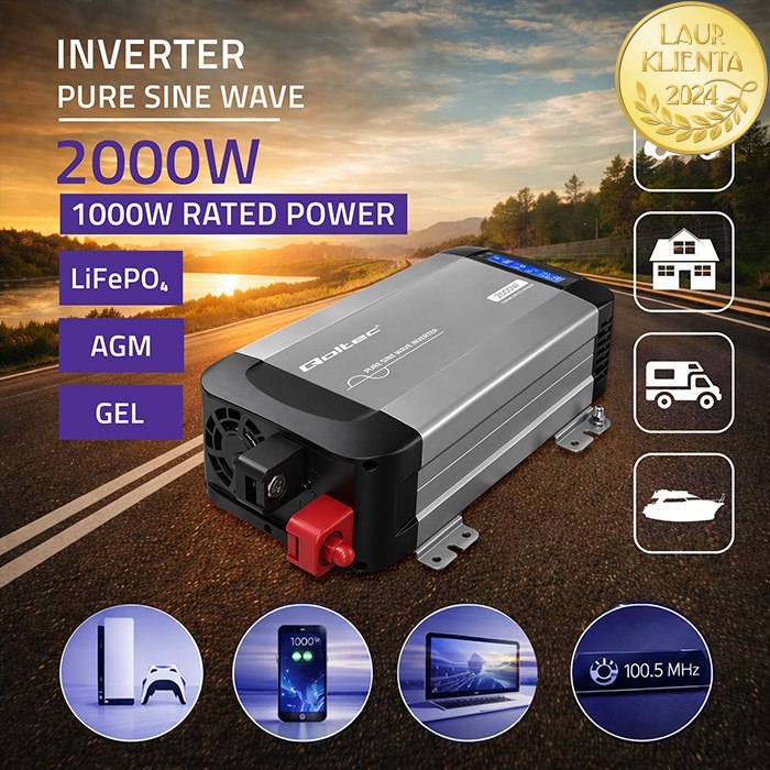 Qoltec 52689 Měnič napětí Qoltec 12V → 230V 1000W/2000W čistá sinusovka | LCD | USB | USB-C | pro LiFePO4 a AGM baterie