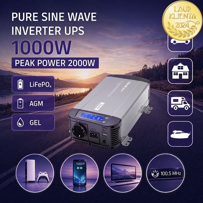 Qoltec 52697 Měnič napětí Qoltec 12V → 230V 1000W/2000W čistá sinusovka | UPS Bypass mode | LCD | USB | USB-C | pro LiFePO4 a AGM baterie