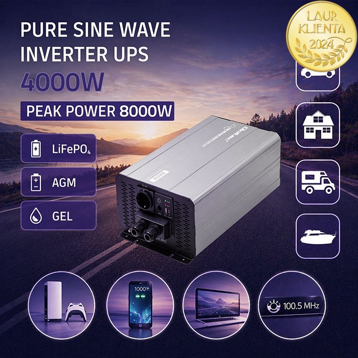 Qoltec 52699 Měnič napětí Qoltec 12V → 230V 4000W/8000W čistá sinusovka | UPS Bypass mode | USB | USB-C | pro LiFePO4 a AGM baterie