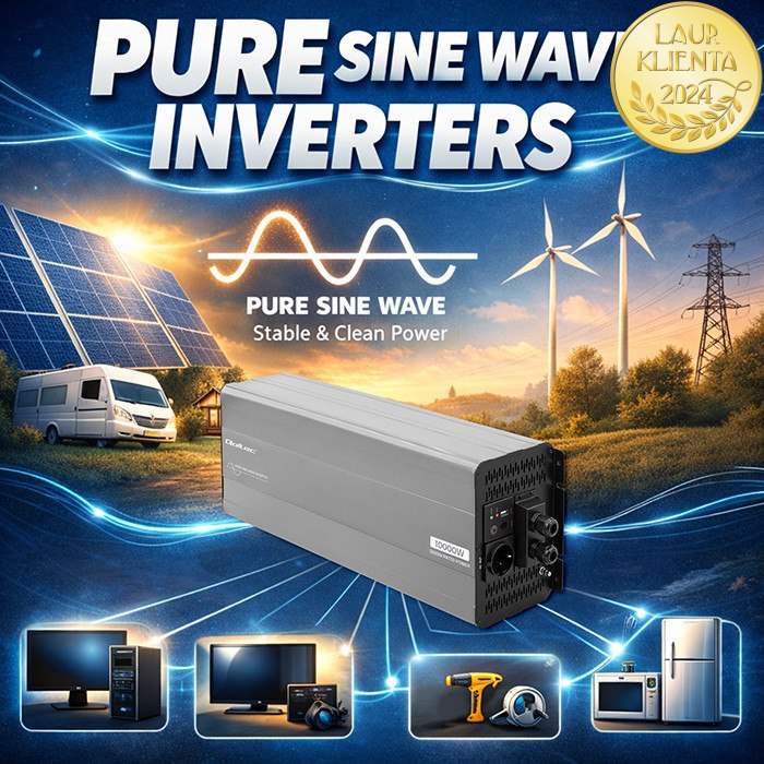 Qoltec 52695 Měnič napětí Qoltec 24V → 230V 5000W/10000W čistá sinusovka | UPS Bypass mode | USB | USB-C | pro LiFePO4 a AGM baterie
