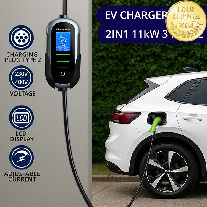 Qoltec 52720 Mobilní nabíječka Qoltec 2 v 1 Typ 2 – 11kW | 400 V | CEE 16A | Wi-Fi | TUYA | SMART LIFE | Nastavitelný proud | 5 m kabel