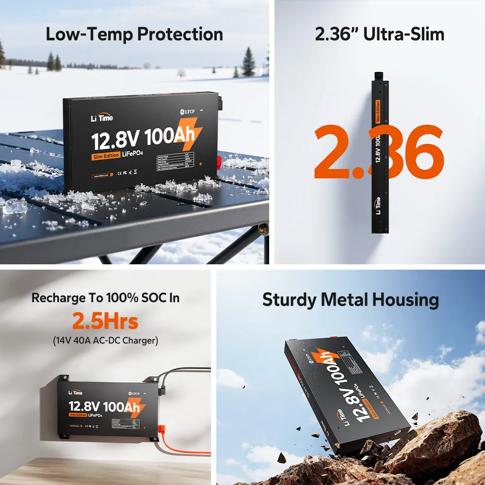 ❄️LiTime 12V 100Ah Slim LiFePO4 baterie s Bluetooth a ohřevem – ultra tenká baterie do karavanu, vestavby a lodě