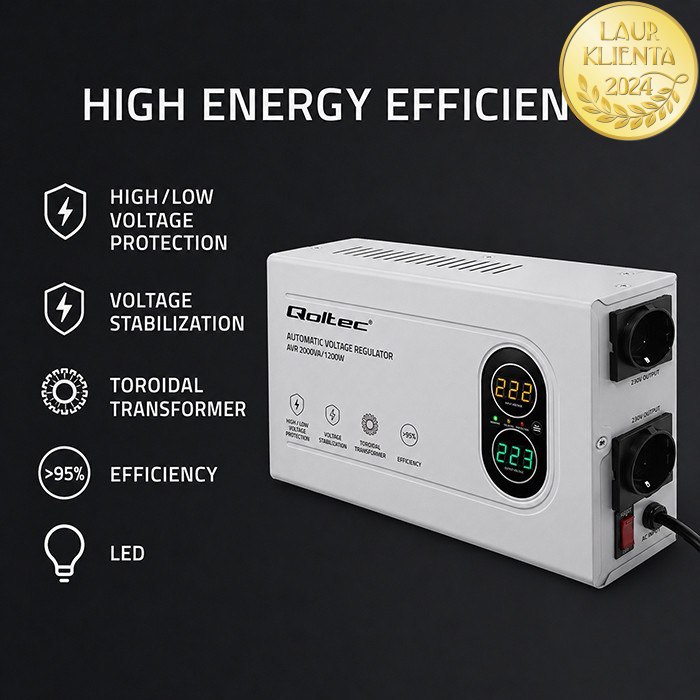 Qoltec 50449 AVR 2000VA (1200W) – Automatický stabilizátor napětí 230 V | Toroidní transformátor