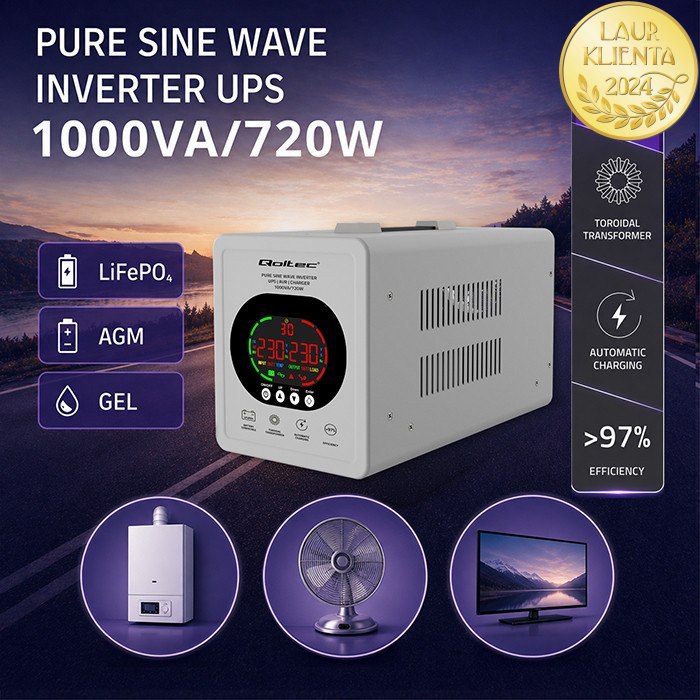 Qoltec 50451 UPS Čistá Sinusoida 1000VA/720W AVR LCD | Záložní zdroj 12V/230V pro LiFePO4 AGM GEL