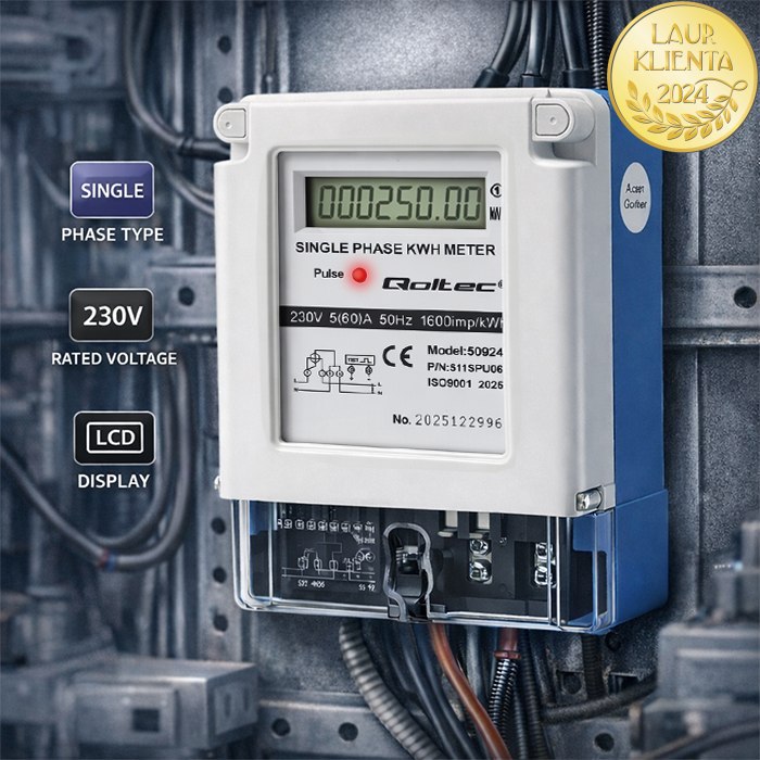 Qoltec 50924 Jednofázový digitální elektroměr 230V 5(60)A LCD | Měřič spotřeby elektrické energie na DIN lištu
