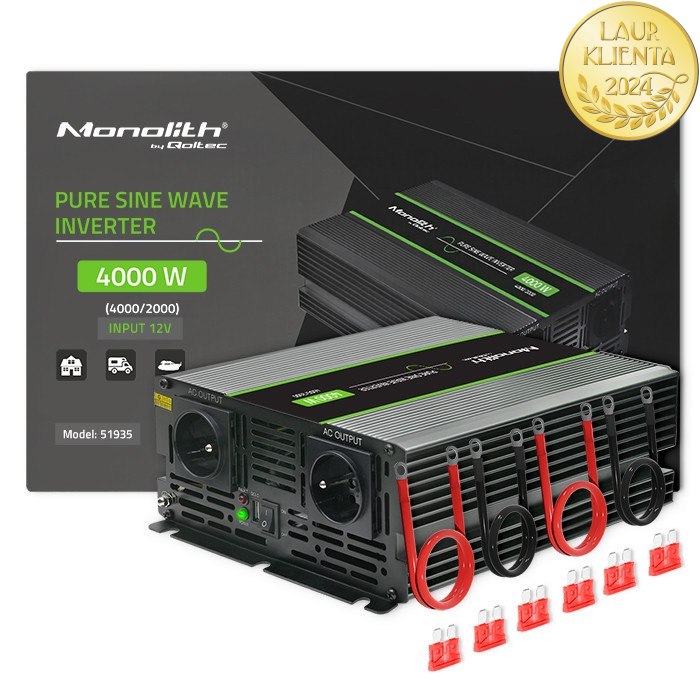 *Qoltec 51935 Měnič napětí 12V/230V 2000W (4000W) čistý sinus | Karavan, LiFePO4, solární systém.