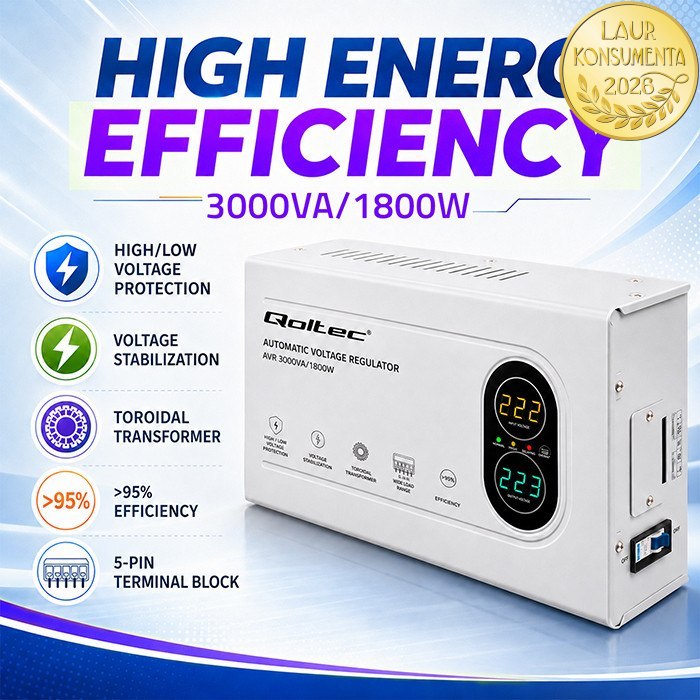 Qoltec 50450 AVR 3000VA (1800W) – Automatický stabilizátor napětí 230 V | Toroidní transformátor