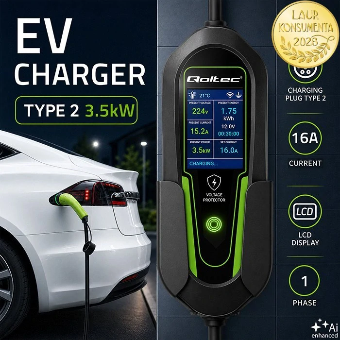 Qoltec 53180 Mobilní nabíječka EV 2v1 Typ 2 | 3,5 kW | 230 V Schuko 16 A | Wi-Fi Tuya Smart Life | 5 m
