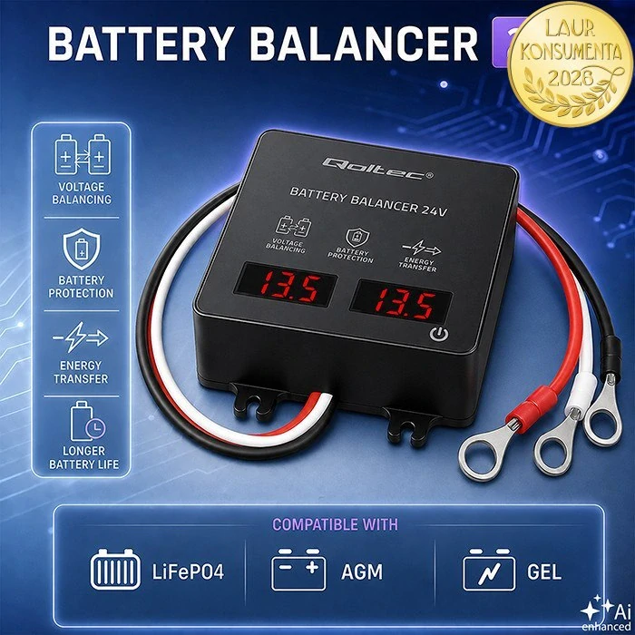 Qoltec 51078 24V napěťový balancer pro 2×12V baterie | 5A | AGM, GEL, LiFePO4 | LED displej